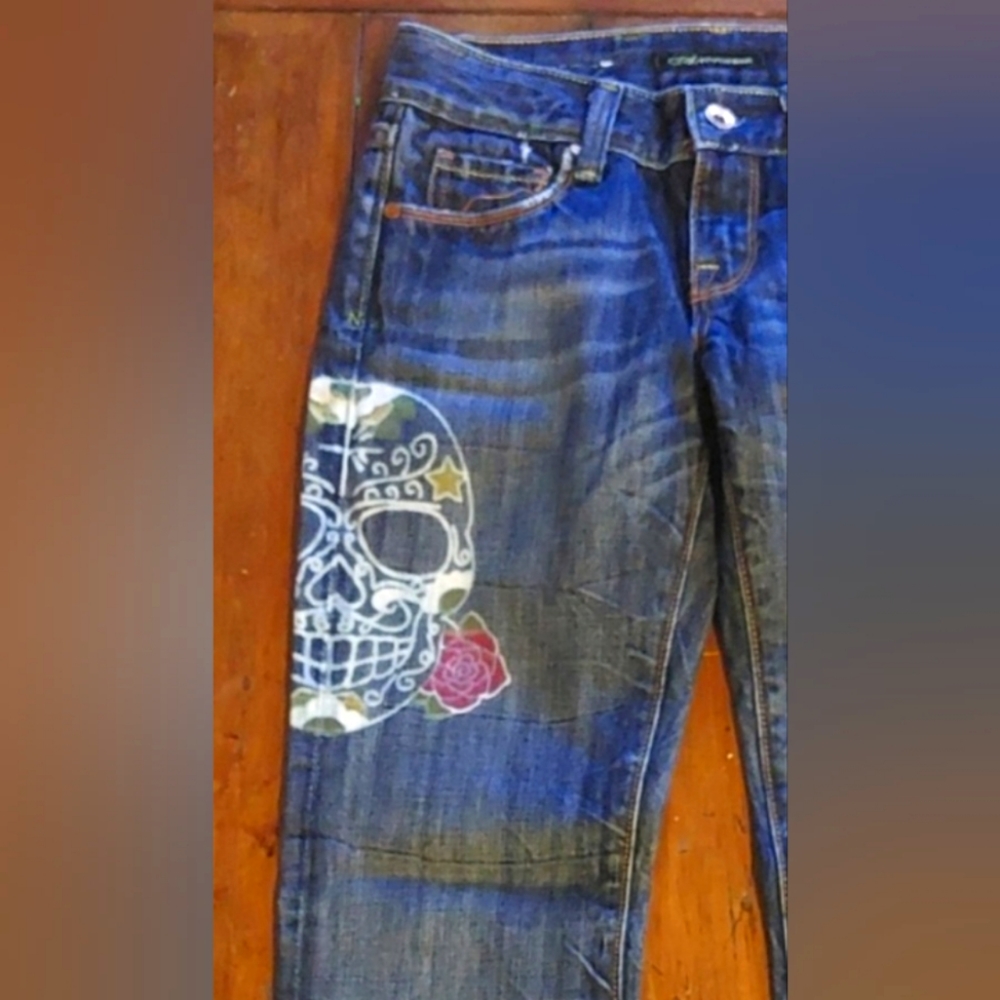Gorgeous Anoname BOOTCUT Jeans Size 26 Blue Skull Design "31in  AN12PS #23B1